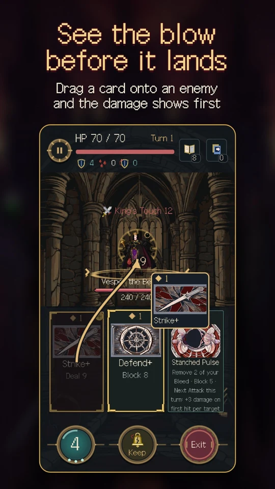 Vamspire store screenshot: dragging a card onto the boss shows the damage first